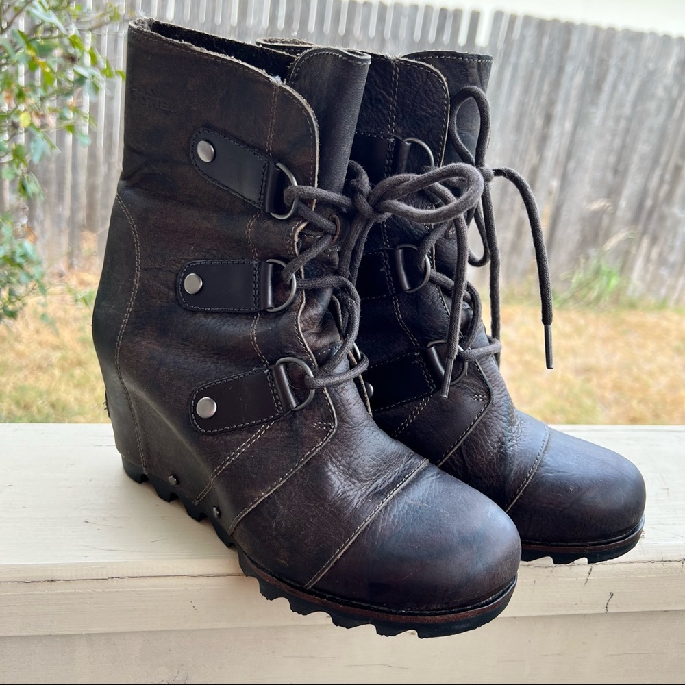 Sorel Brown Lace-Up Wedge Ankle Boots